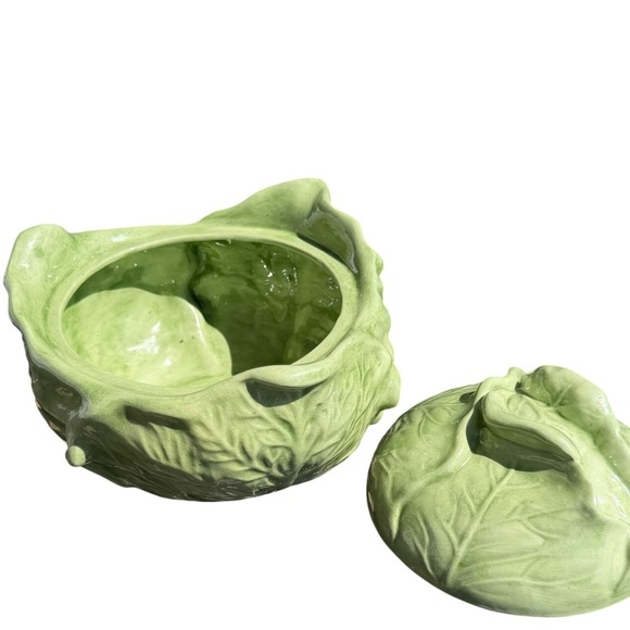 VTG Holland Mold Green Cabbage Tureen Lidded Bowl with Underplate Majolica - Picture 11 of 12
